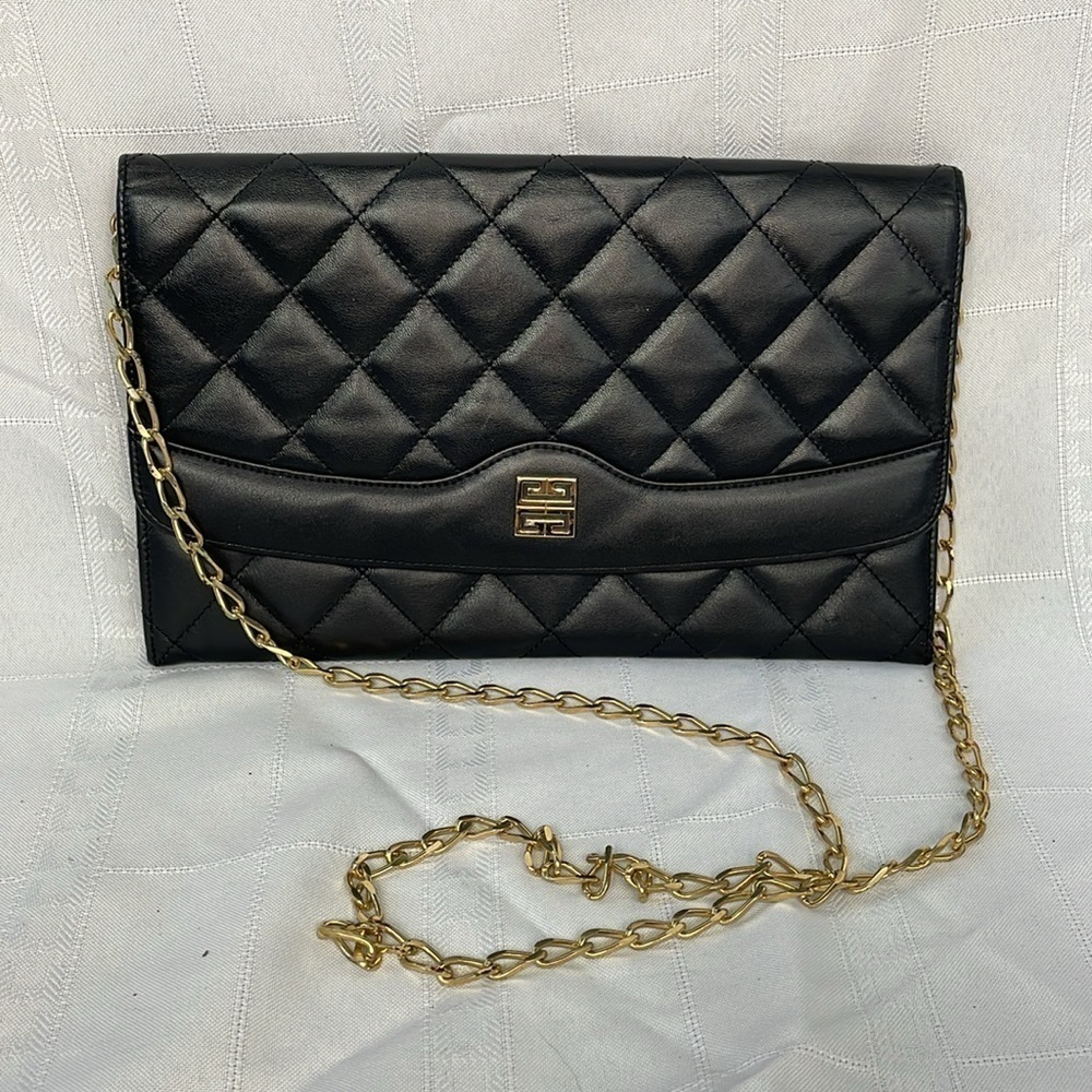 Givenchy Black Quilted Leather Flat Clutch Flap Bag on Chain Small Night Out